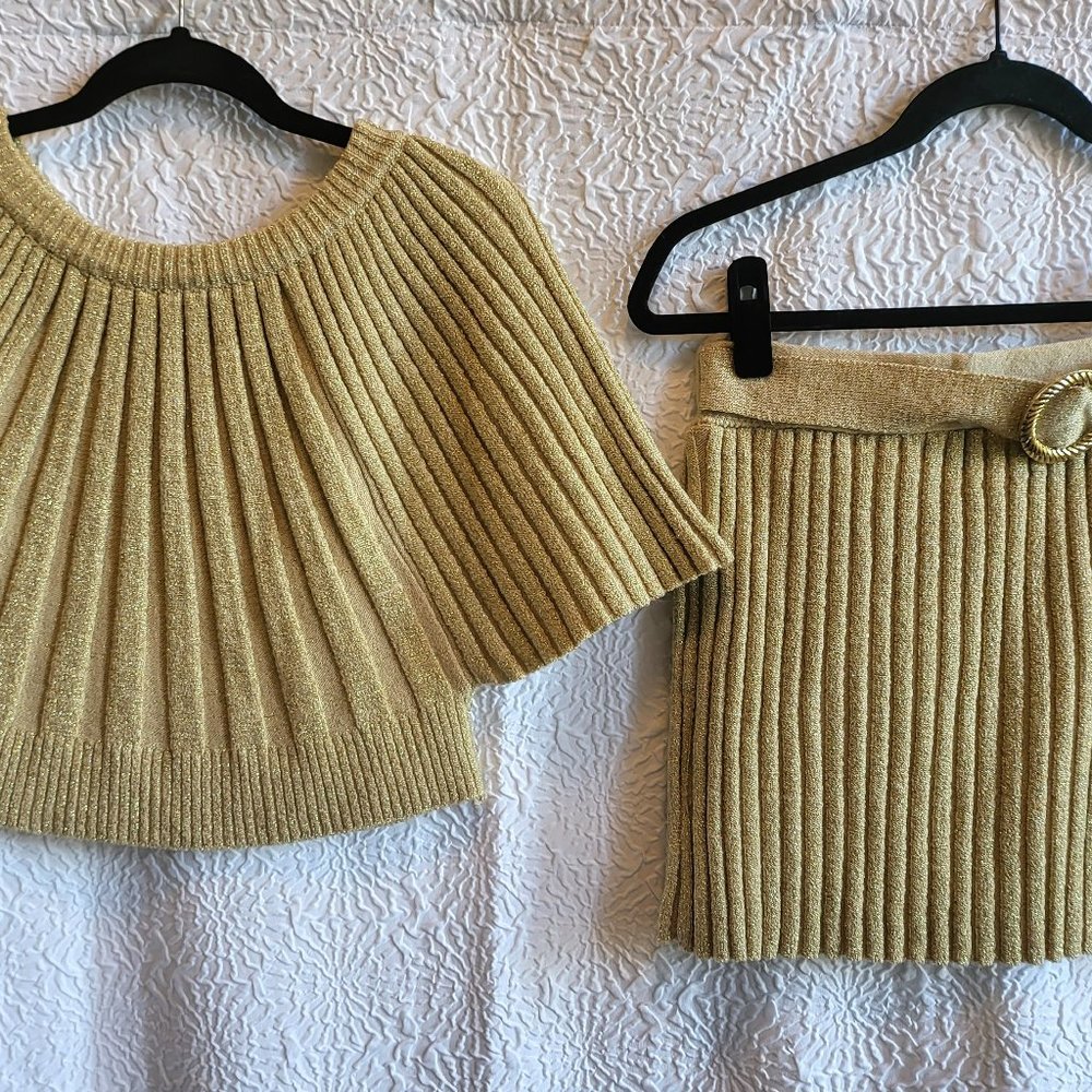 1980s Gold Metallic Knit Mini Skirt Set